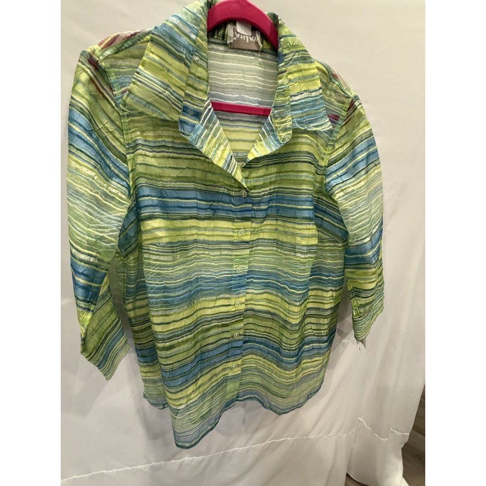 Tanjay Women's Blouse Size 16W Green Blue Striped Sheer Button Down Shirt
